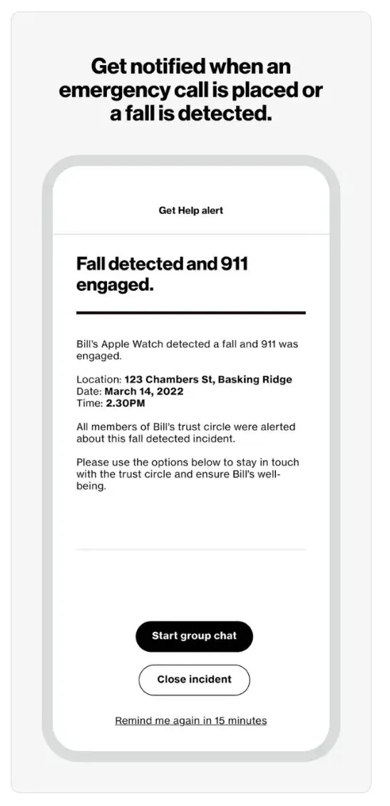 Care Smart companion app: fall detected, 911 engaged