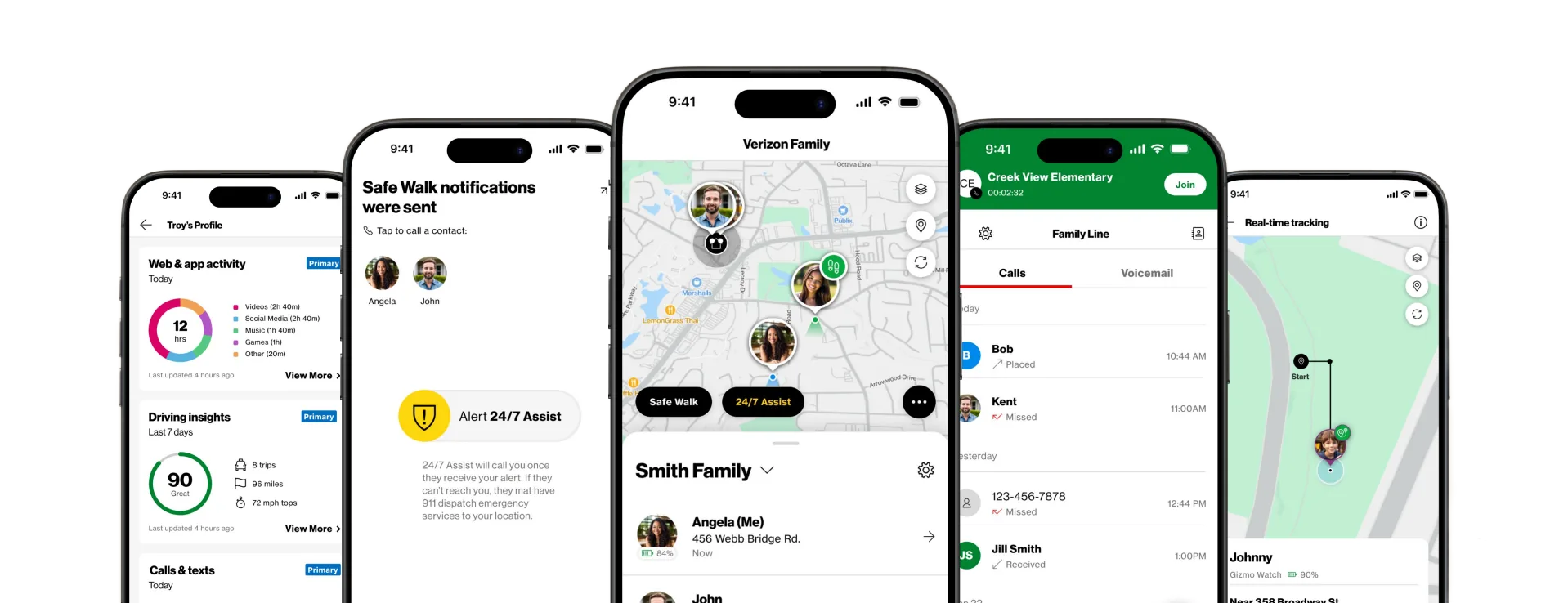 Verizon Family app screens: profiles, safe walk alerts, live map, family line calling and real-time tracking