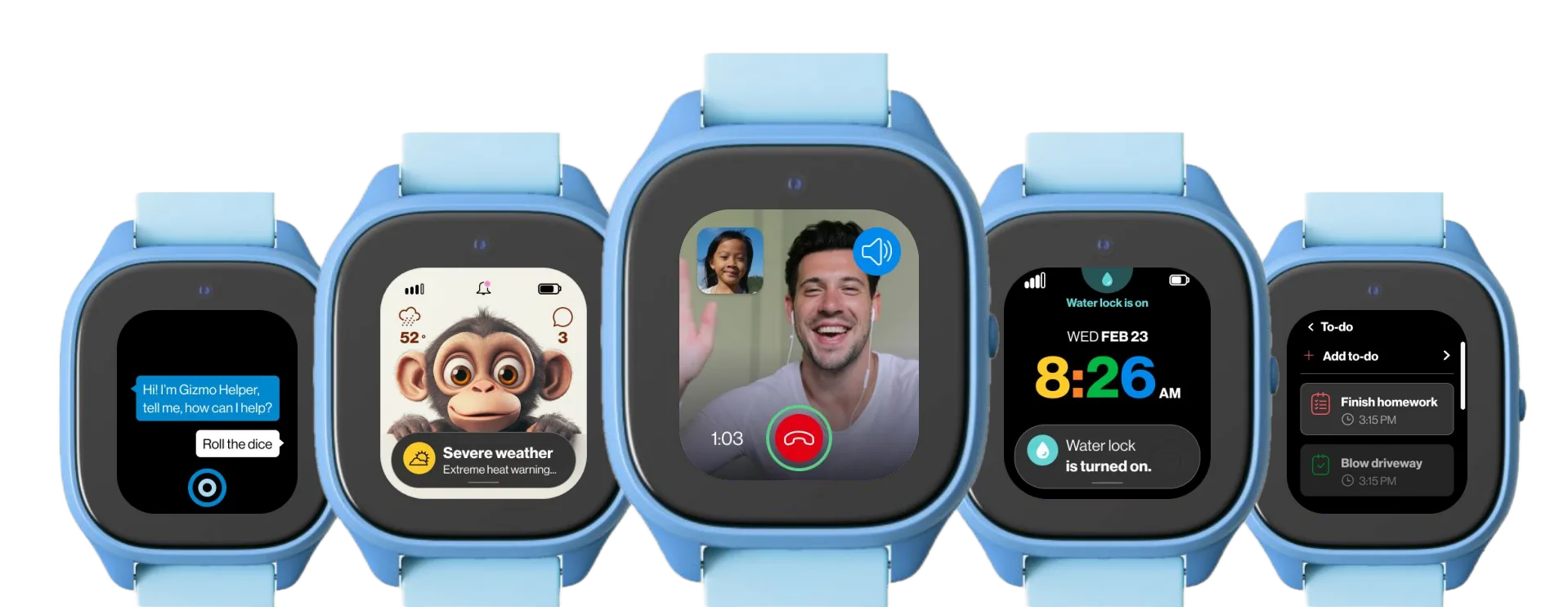 Gizmo Watch screens: AI assistant, weather, alerts, video calling and texting, water lock and to-do lists